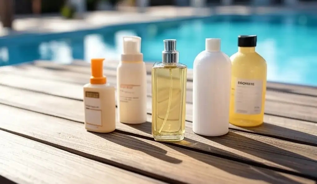 A collection of poolside skincare and sun care products displayed on a wooden deck near a swimming pool. The products include various bottles and containers, such as sunscreen, lotion, and possibly shampoo or body wash, all bathed in warm sunlight.