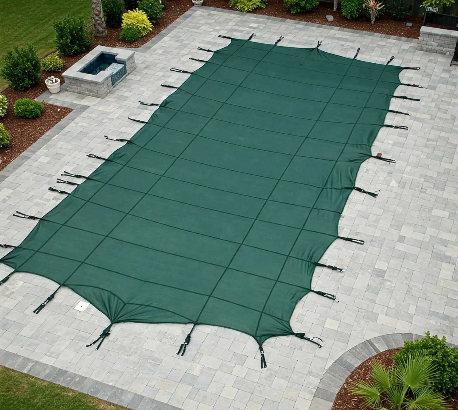 Swimming pool in Hugo, MN covered with a dark green, winter pool cover, securely fastened and extending slightly onto the surrounding paver deck.