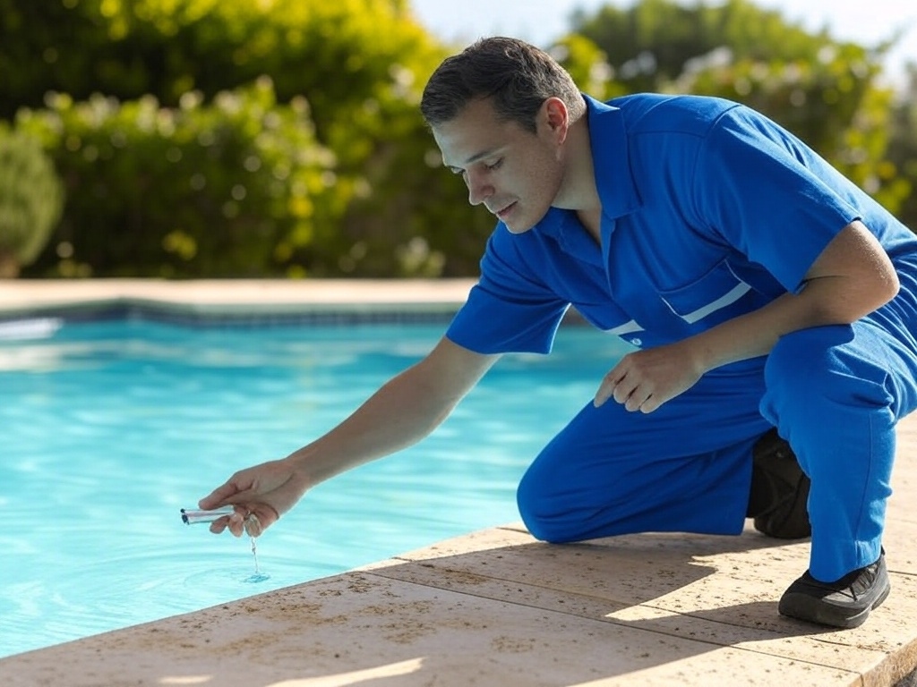 Pool technician kneeling near a swimming pool in St. Paul, MN and professionally testing the water balance of the pool.