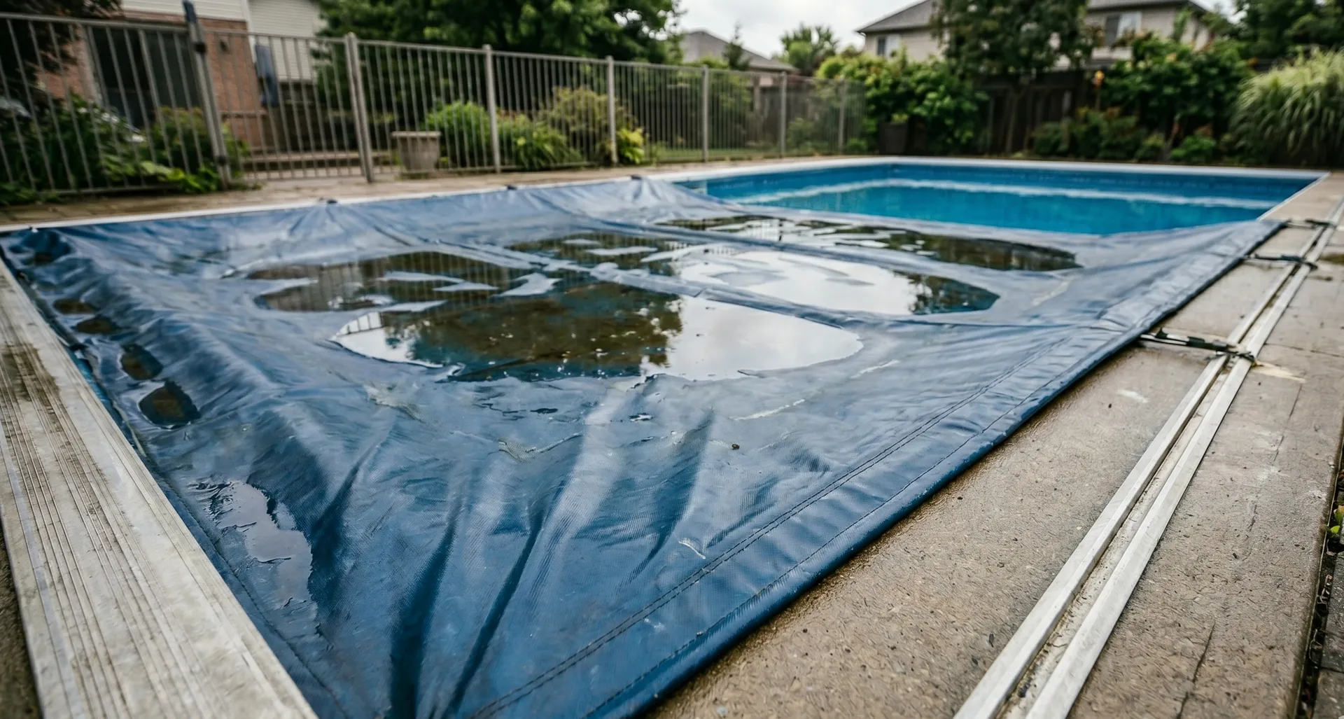 A worn blue pool cover partially pulled over an outdoor swimming pool, with puddles of rainwater collected on its surface.