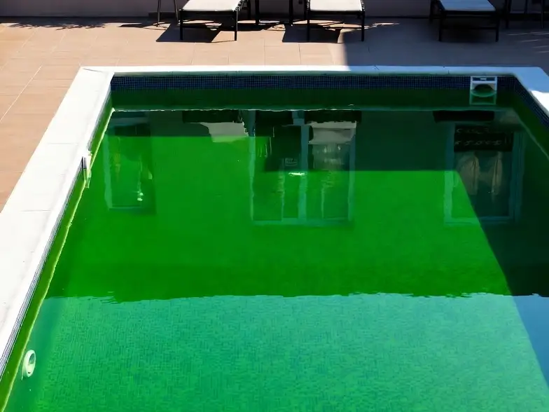 Rectangular swimming pool with murky green water, indicating algae growth or poor water quality.