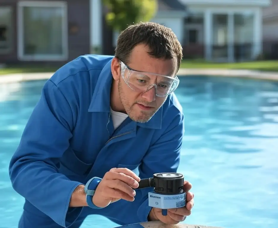 A pool technician inspects a pool-related device near the edge of a residential swimming pool in Forest Lake, MN.