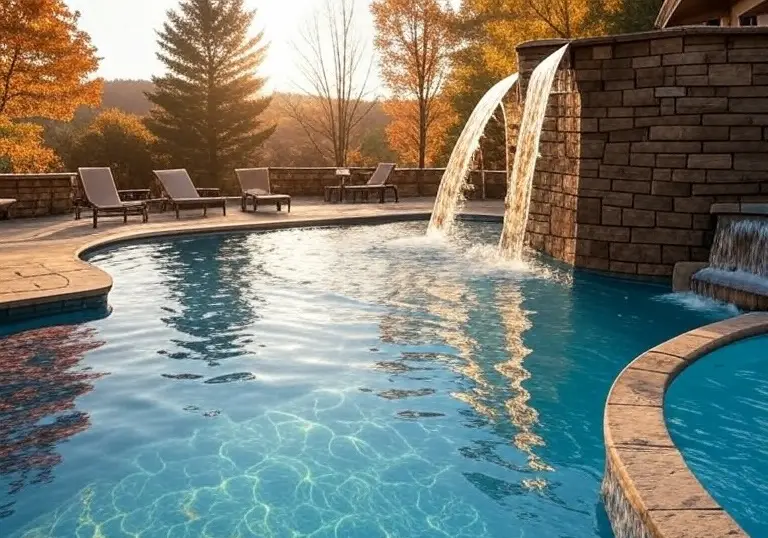 A luxury swimming pool with clear blue water features two cascading waterfalls built into a stone wall.