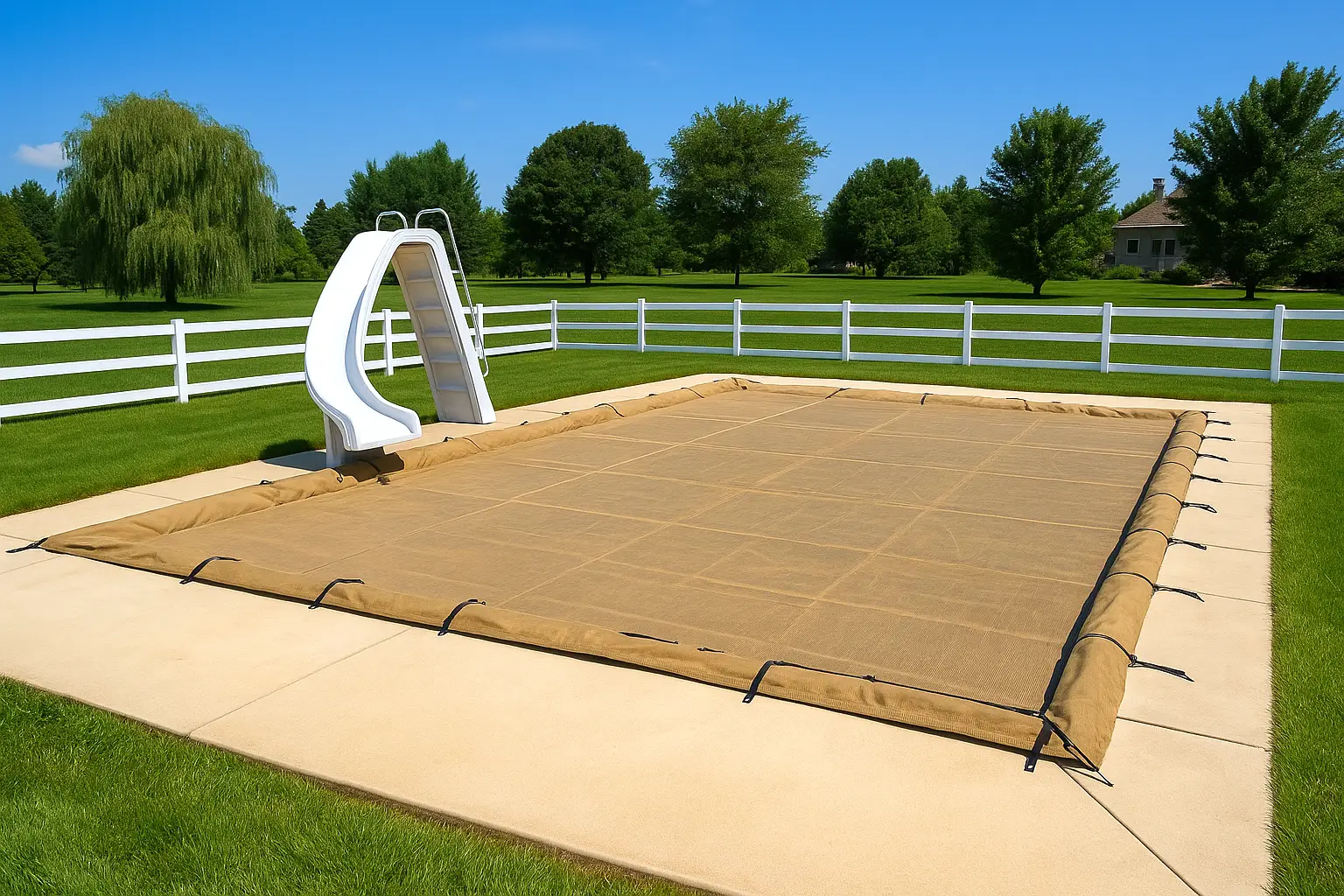 A backyard inground swimming pool is covered with a winter safety cover, secured to the surrounding concrete deck with black straps and anchors.
