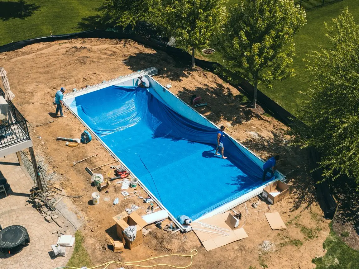 New swimming pool installation with surrounding patio