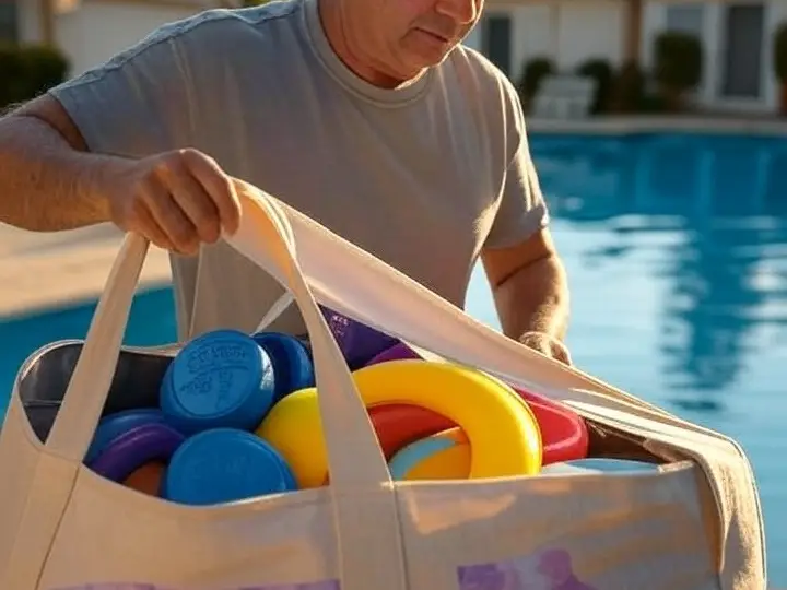 A man wearing a gray t-shirt stands beside a swimming pool, packing colorful pool toys into a large beige tote bag.