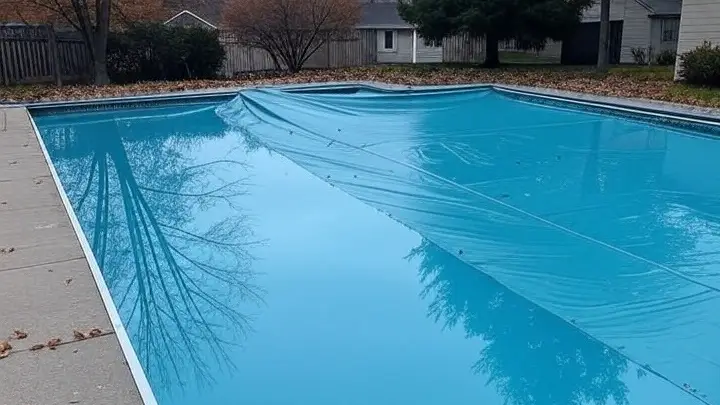 In-ground swimming pool being closed for the winter in a Mahtomedi, MN neighborhood. Fallen leaves are scattered around the pool deck, suggesting late autumn.
