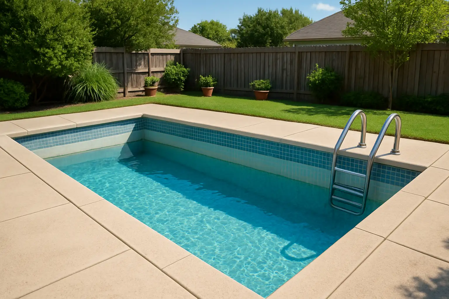 A rectangular backyard pool with low water levels and light blue tile lining.